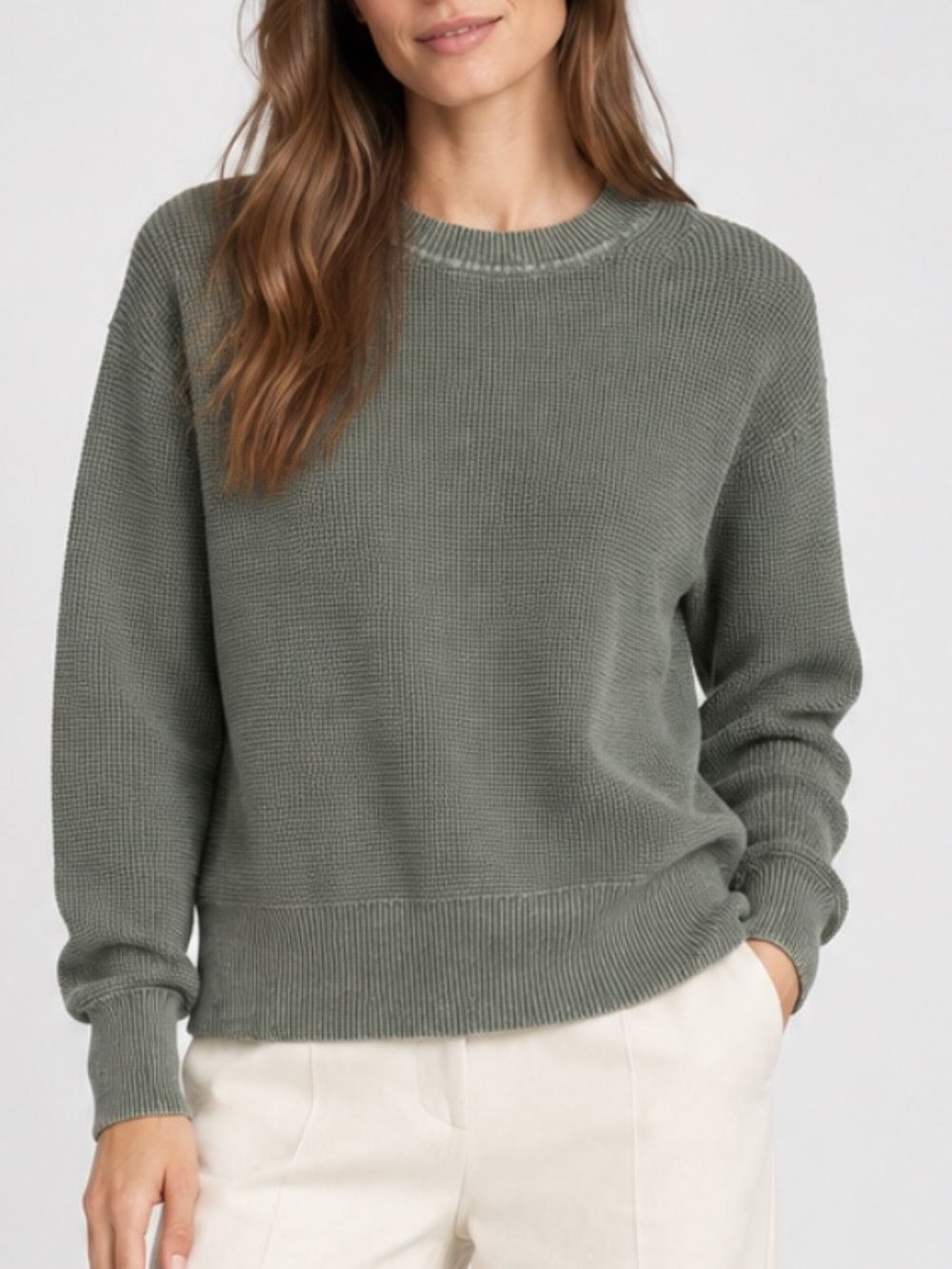 Faherty Sunwashed Relaxed Waffle Crewneck Sweater Organic Cotton in Beetle Green